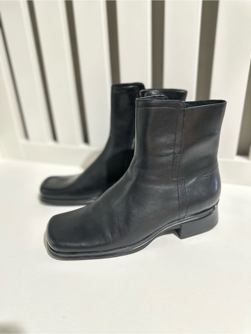 Vintage 90s Nine West Renew Black Leather Square Toe Ankle Boots Booties 5.5‎